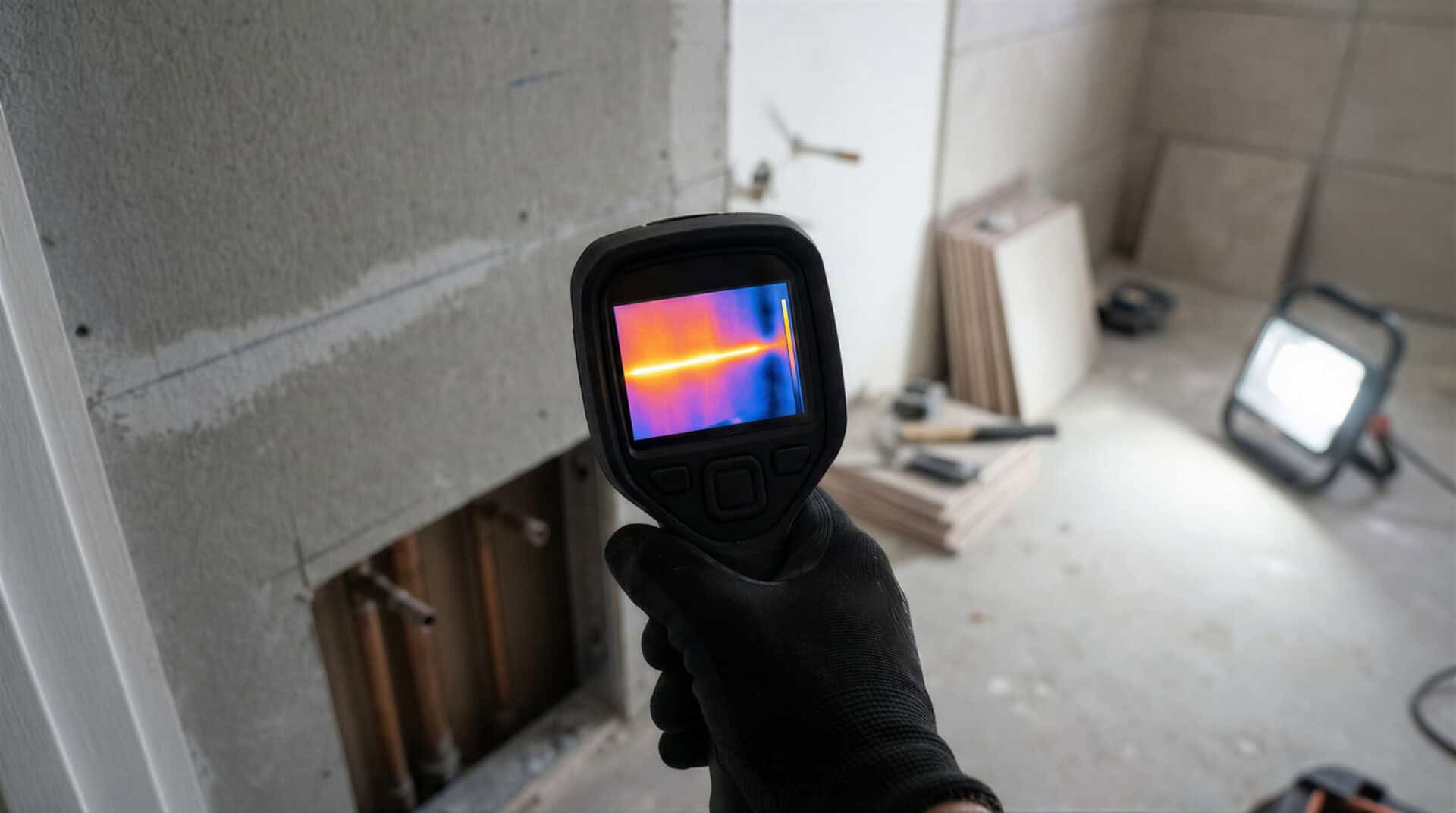Thermal imaging camera held by a worker, detecting heat loss or water damage in a building during renovation
